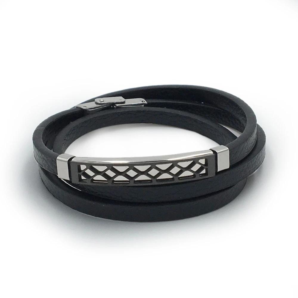 Leather Bracelet for Men Stainless Steel Double Layer Bracelet