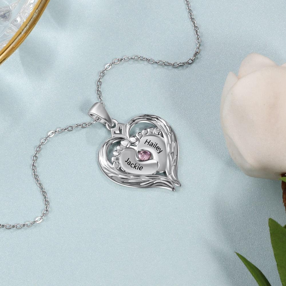 Personalized 925 Sterling Silver Necklace - Heart Shaped Baby Feet Pendant - Engrave Two Custom Names - One Birthstone