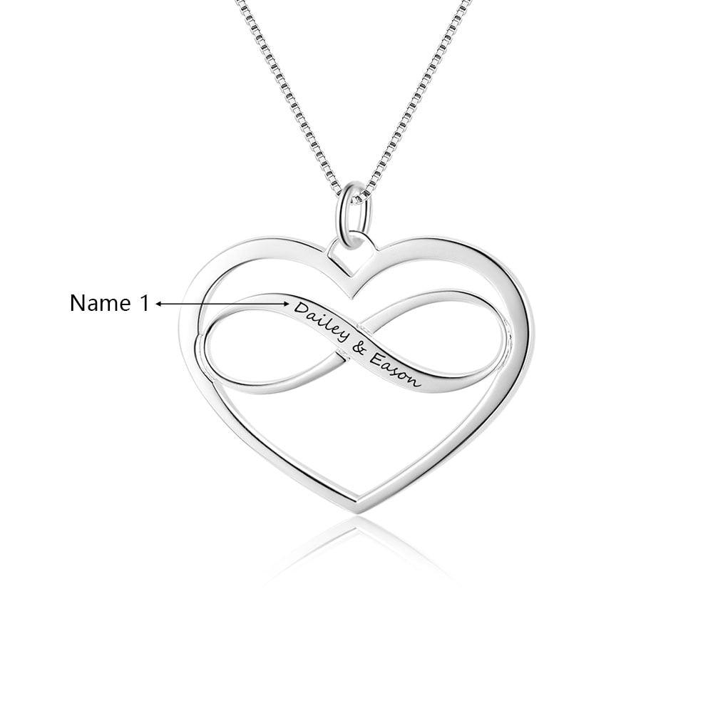 Personalized 925 Sterling Silver Necklaces - Heart & Infinity Pendant - Engraved Custom Names - Family Gift