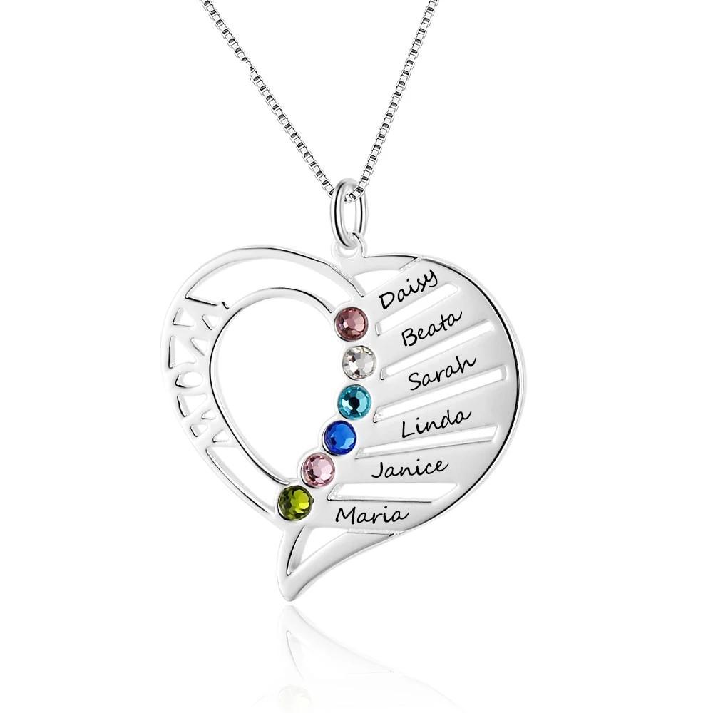 Personalized Sterling Silver Pendant Necklace - Six Custom Names & Birthstones - Heart Shaped Pendant - Customized Gifts