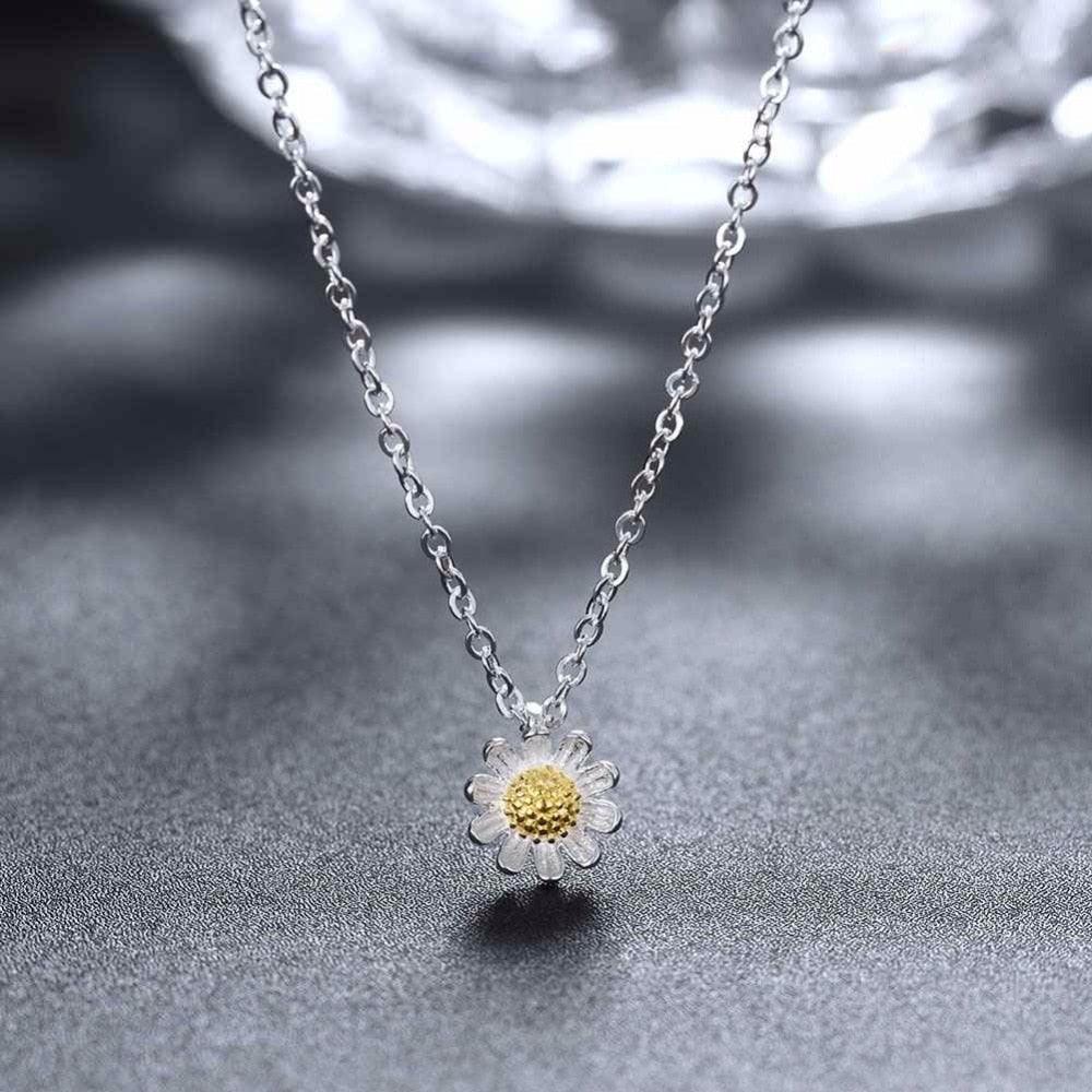 Solid 925 Sterling Silver Necklace For Women With Gold Color Sunflower Pendant