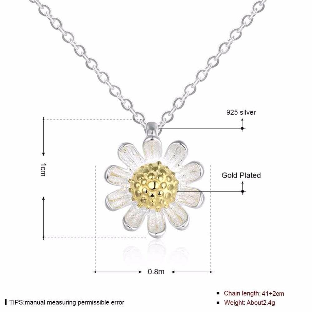 Solid 925 Sterling Silver Necklace For Women With Gold Color Sunflower Pendant