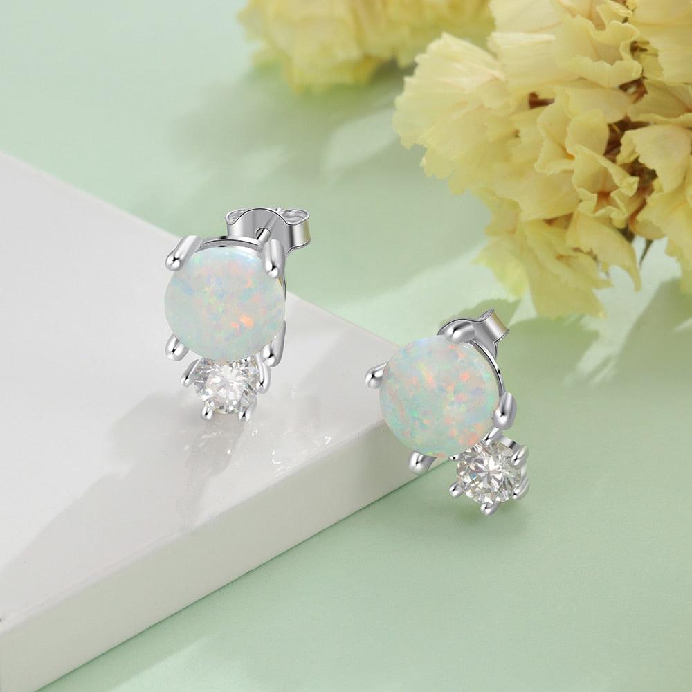 Sterling Silver White Opal Stud Earring Round Opal Stud Earring