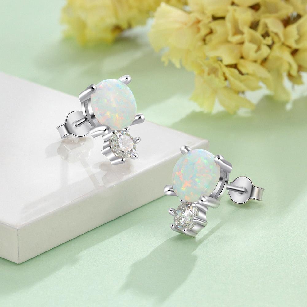 Sterling Silver White Opal Stud Earring Round Opal Stud Earring